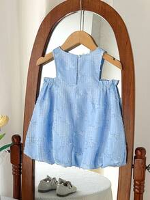Cozy Pixies Baby Girl Elegant & Cute Summer Jacquard Pattern Blue Loose Flared Hem Dress, Sweet & Charming, Vintage Elegant, Suitable For Spring & Summer, Minimalist Style, Loose Fit, Suitable For Casual Outings, Home Leisure And Casual Gatherings Summer Spring To Summer Vintage - Blue - View 5