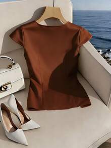 GlowEve New V-Neck Cross Strap Sleeveless Shiny Fabric Elegant Commuter Young Versatile Everyday Fitted Women Blouse - Brown - View 2