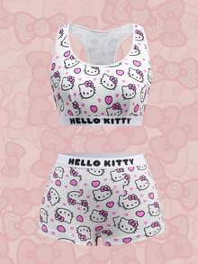 HELLO KITTY AND FRIENDS | SHEIN 女士可爱卡通爱心印花撞色字母滚边文胸内裤套装 - 粉色 - 查看 1