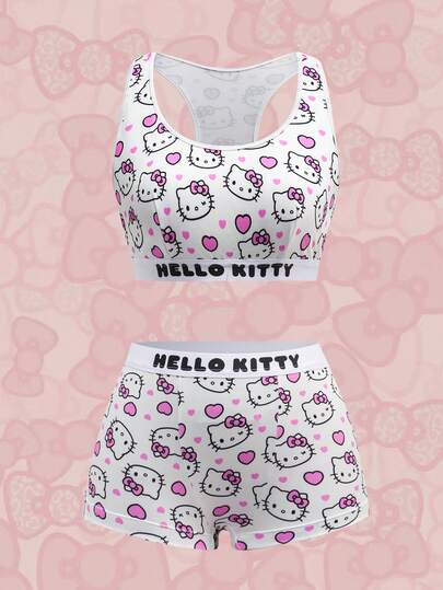 HELLO KITTY AND FRIENDS | SHEIN Set di reggiseno e slip da donna con stampa a cuori cartoni animati su tutto il capo, con nastro a contrasto con scritta
