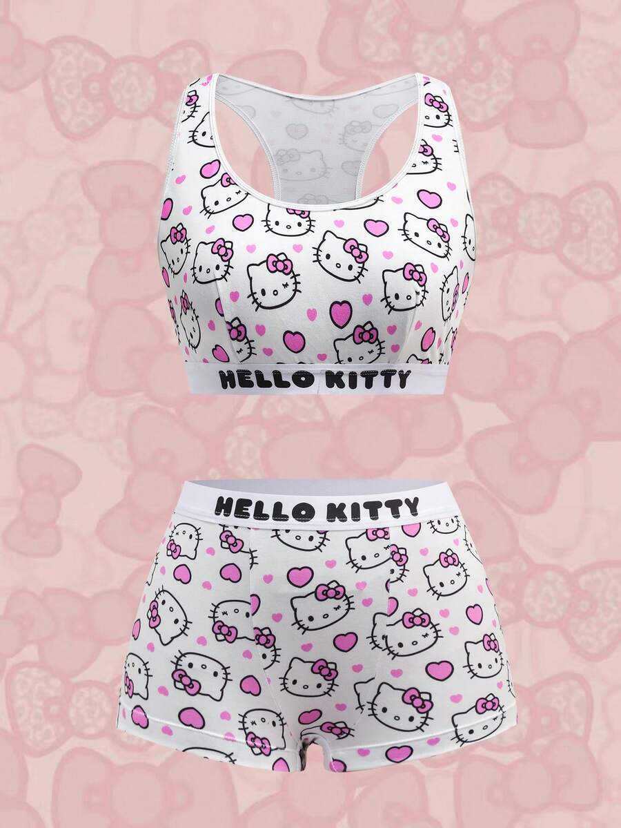 HELLO KITTY AND FRIENDS | SHEIN 女士可爱卡通爱心印花撞色字母滚边文胸内裤套装 - 粉色 - 查看 1