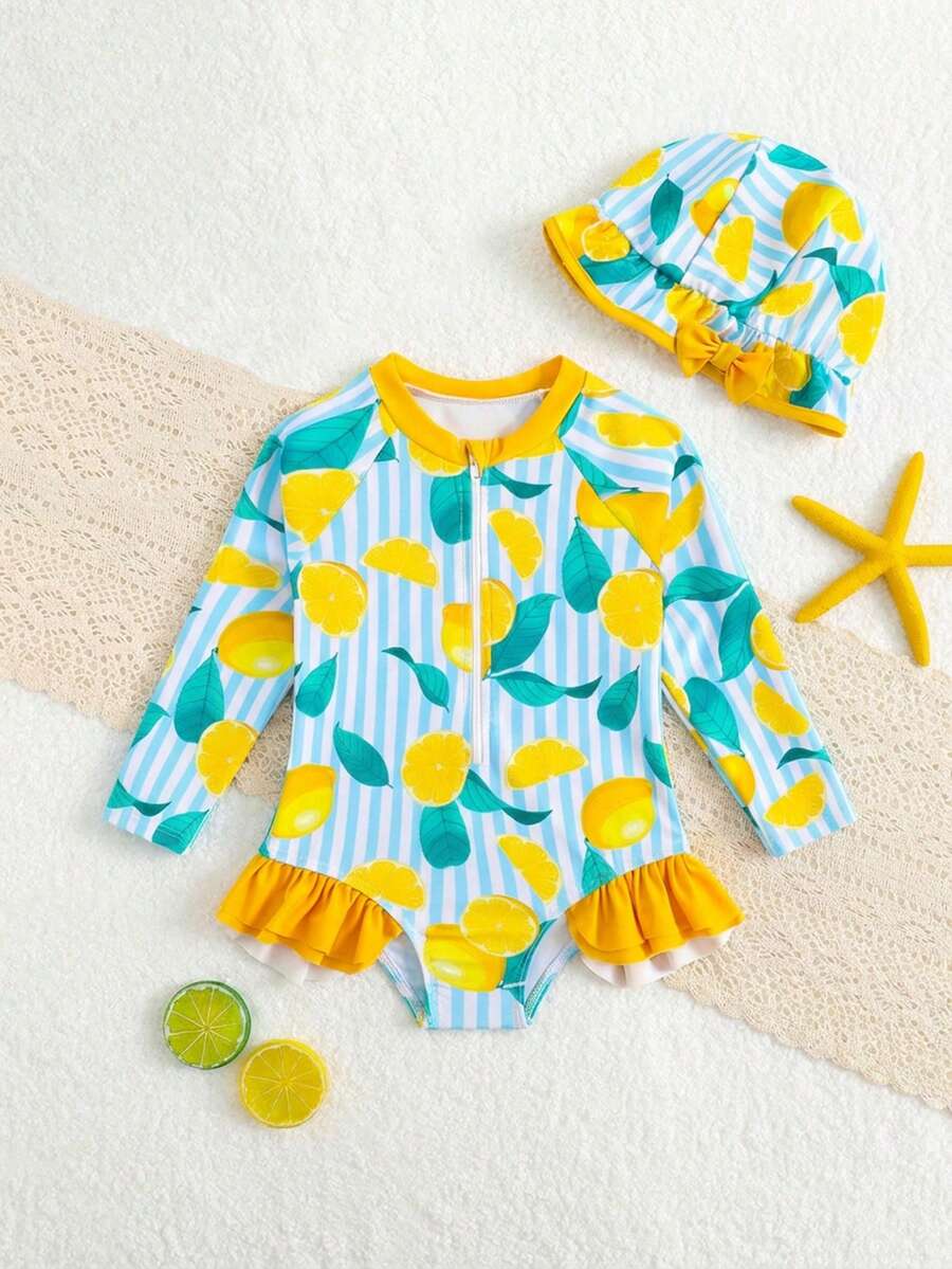 Baby Girls' Cute Lemon Print Ruched Zipper Front One-Piece Swimsuit With Adjustable Bow Sun Hat, For Beach Vacation, Spring/Summer/Autumn Baby Swimwear Baby Girl Yellow Swimsuit Baby Beach Wear Long Sleeve Baby Swimsuit Lemon Baby Outfit Long Sleeve Toddler Swimsuit Baby Girl Swimming Suit With Hat Yellow Baby Swimsuit Ocean Baby Clothes - Pink - View 1
