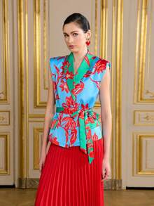 LOTSLUV Women's Blue, Green, Red Tropical Floral Placement Print, V-Neck Sleeveless Cinched Waist Padded Shoulder, Printed Jacket - Blue - View 4