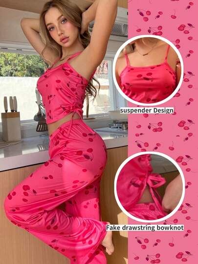 SHEIN Women's Cherry Print Camisole & Wide Leg Pants Pajama Set