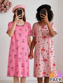 SHEIN 2件套 女童可爱蝴蝶结火烈鸟印花舒适长款睡衣家居服套装 - 彩色 - 查看 4