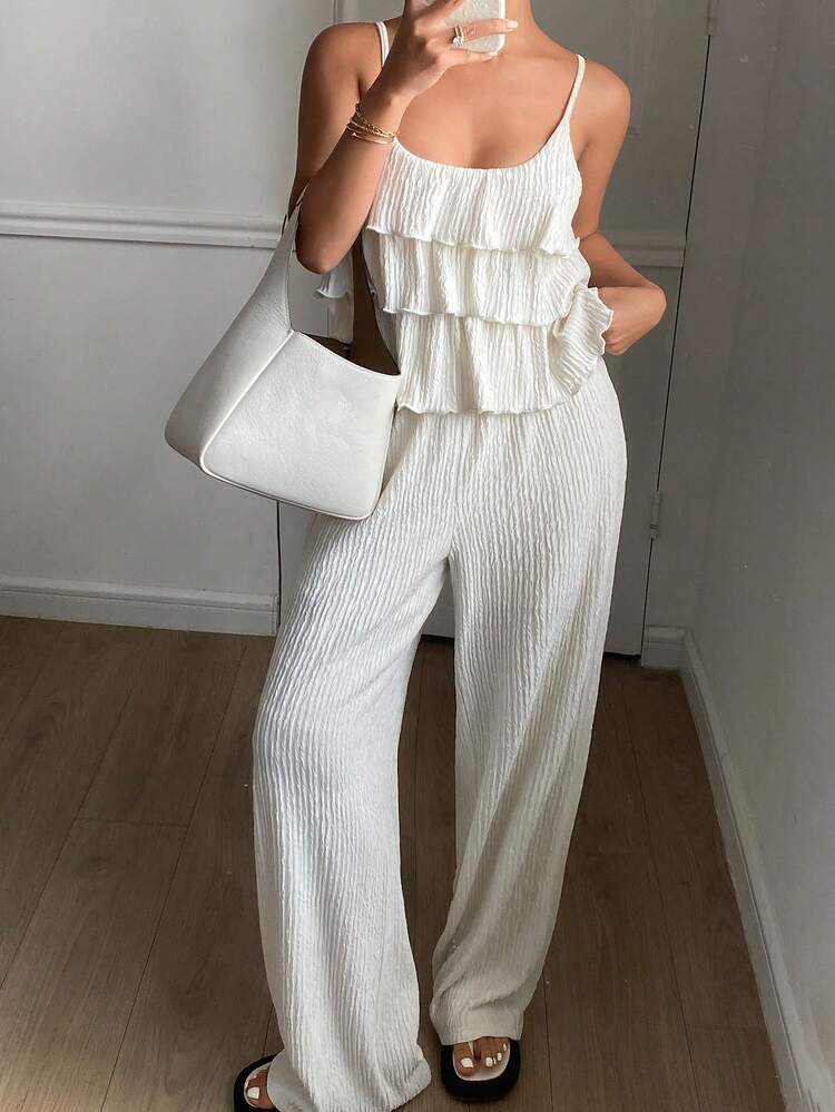 Women's Ruffle Trim Korean Style Shirt And Pants 2 Pieces Set Summer