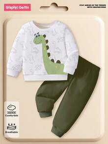 SHEIN Playful Pals 2pcs/Set Baby Boy Casual Fashionable Dinosaur All-Over Print Sweatshirt And Sweatpants Set, Comfortable Round Neck Long Sleeve, Suitable For Autumn/Winter/Spring - Multicolor - View 6