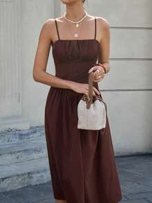 Cévolie Đầm nữ mùa hè kiểu Pháp lãng mạn mới, không dây vai, thắt eo, dài đến đầu gối. - Màu nâu  Mocha - Xem 4