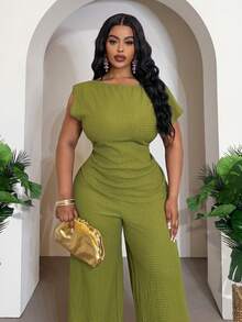 Veslaya 2026春夏大码女装新款音乐节、复活节、西部风、游牧风、生日派对、毕业典礼、大学、学生、日常休闲、基础款、休闲、度假、邮轮旅行、海滩、日光浴、爆款、街头风、婚礼宾客波西米亚风、通勤、早午餐、机场、派对、假日郊游、优雅晚宴、舞会、休闲、高端优雅绿色不对称单肩收腰不对称下摆阔腿裤套装两件套 - 綠色 - 查看 6