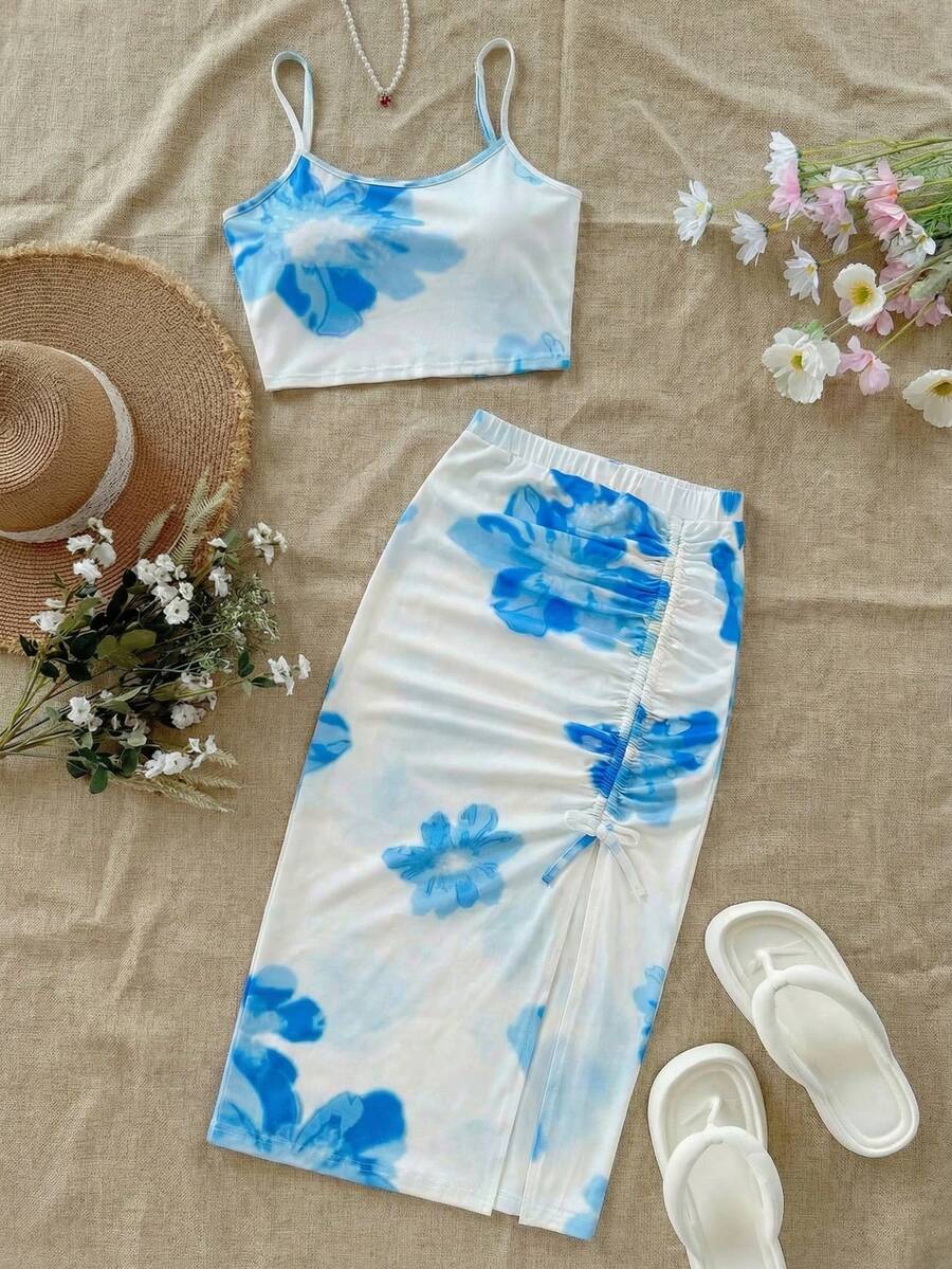 SHEIN Tween Girl Blue Floral Print Camisole Top And Pleated Skirt Set - Blue - View 1