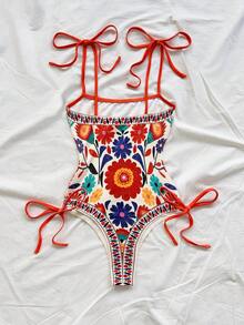 Soleia Women's Vacation Floral Print Tie-Front Bodysuit - Multicolor - View 2