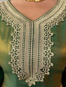 Rafferiza Spring/Summer New Elegant Party Gold Lace Trim Shiny Loose Adjustable Waist Inclusive Fit Women Dress - Green - View 8