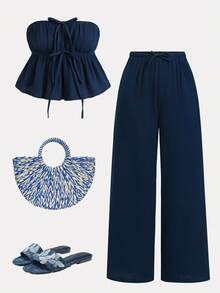 SHEIN 少女夏季休闲度假藏蓝色梭织棉吊带背心和裤子套装 - 藍色 - 查看 1