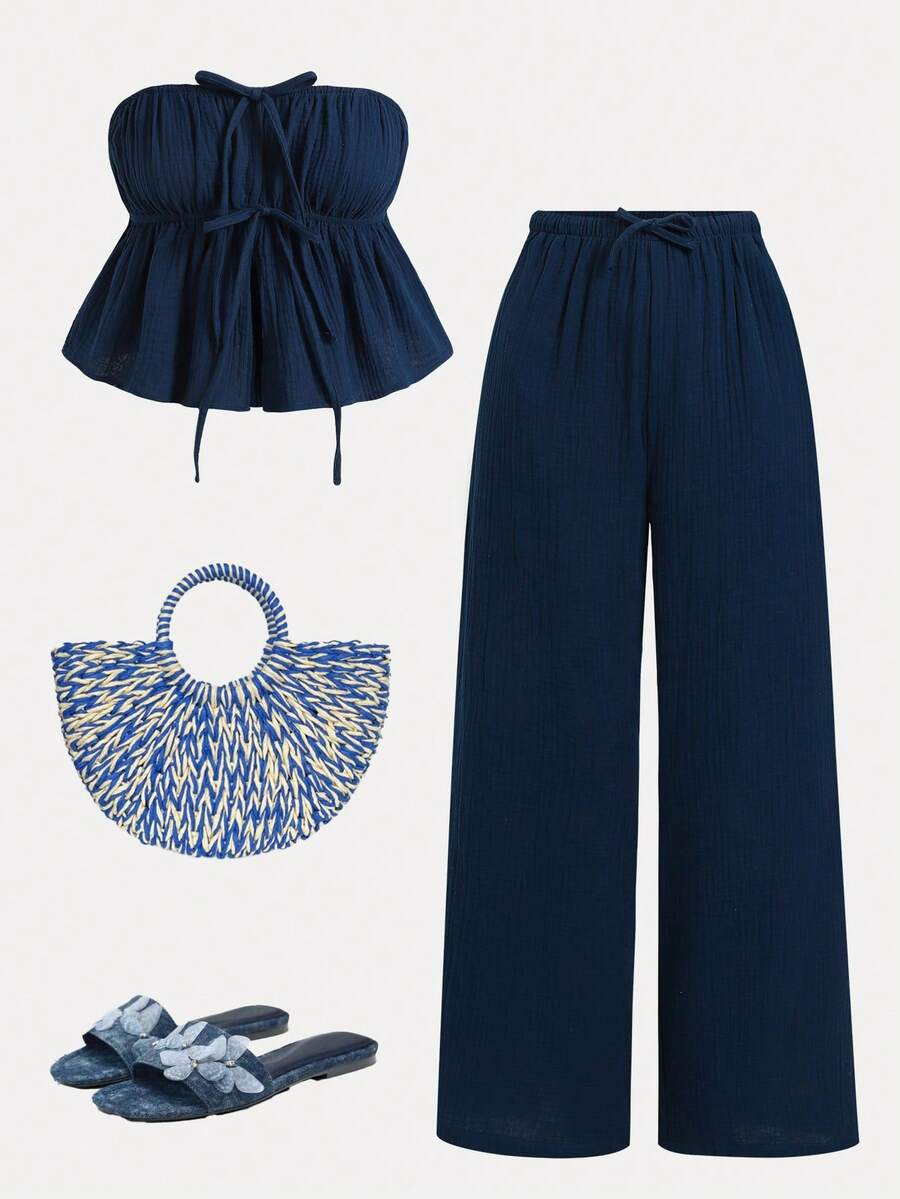 SHEIN 少女夏季休闲度假藏蓝色梭织棉吊带背心和裤子套装 - 藍色 - 查看 1