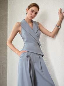 MOTF PREMIUM 2PCS SUIT COLLAR FITTED VEST TOP & WIDE LEG FOLD PLEATED PANTS SET, SPRING/SUMMER - Baby Blue - View 5