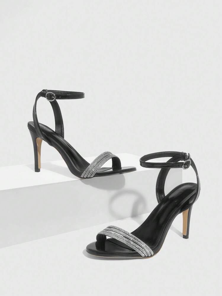 CUCCOO SZL Women's Pointed Toe Rhinestone Strap Ankle Strap High Heel Sandals, Black, Fashionable, Elegant, Sexy For Party, Banquet, Date Valentine's Day