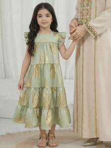 SHEIN Young Girl Ditsy Floral Round Neck Casual Light Green Dress - Green - View 3