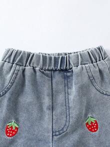 SHEIN 女婴休闲可爱粉色蝴蝶结印花短袖上衣和荷叶边蝴蝶结牛仔裤套装，夏季 - 粉色 - 查看 6