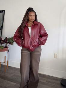 Tyla Gomez Casual Off-Shoulder Zipped PU Leather Coat In Fall/Winter - Burgundy - View 5