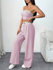 Almamuse Women's Contrast Trim Bandeau Top And Pleated Long Pants Casual 2 Pieces Set Summer 2 Piece Sets Woman Tube Top Set Women Vacation Outfit Sets Women 2 Piece Outfit Women Casual Outfit Sets Womens Summer Co-Ord Women Summer Outfits 2 Piece - Mauve Purple - View 6
