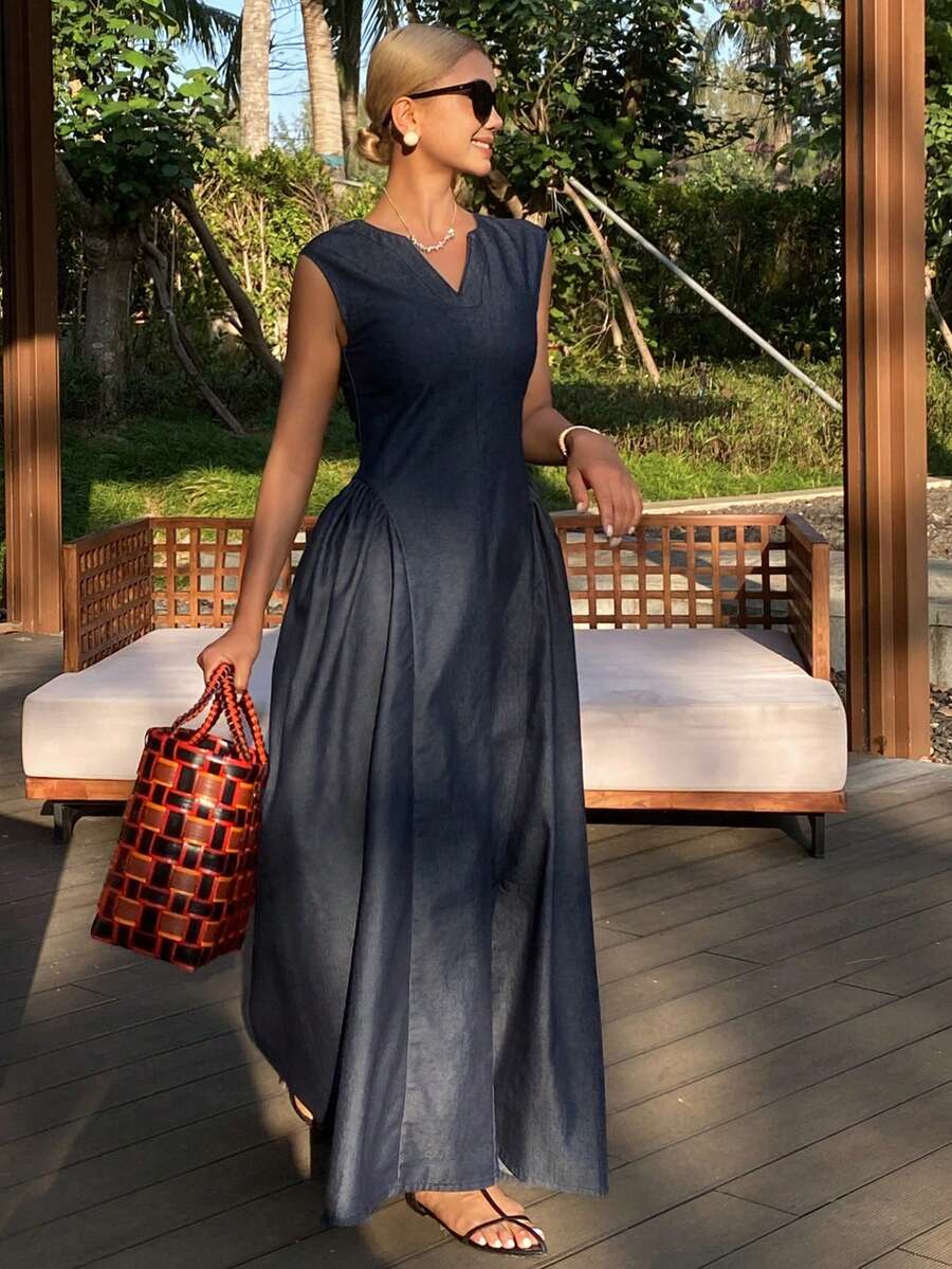 DAZY Women's V-Neck Sleeveless Waist Cinched Long Denim Dress, Vacation Style, Summer - Dark Wash - View 1