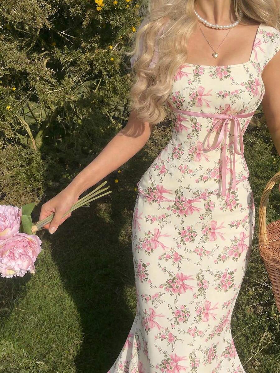 SHEIN MOD Bow Two Pieces Set: Asymmetric Hem Top & Low-Waist Mermaid Skirt – Casual, Cute, And Sweet; Perfect For Vacation, Date, Picnic, Party, Prom, Festival, And Birthday Wear; Romantic And Adorable Summer Skirt Set Floral Set Vacation Outfits Woman Skirt Set Tea Party Outfit Women Feminine Clothes, Valentine's Day, Carnival Costume - Multicolor - View 1