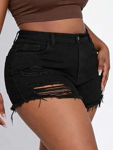 CurvyTilda Plus Ripped Raw Hem Denim Shorts - Black - View 3