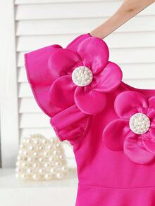 Elladie kids 2件套 女童节日红色3D立体花朵珍珠装饰吊带背心+喇叭裤，适合生日、度假、派对、春夏穿着 - 玫紅色 - 查看 6