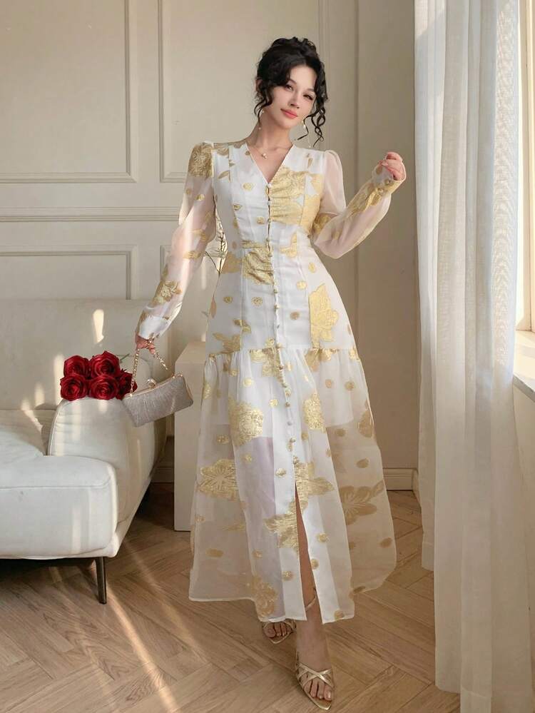 Elegant V-Neck Cinched Waist Flowy Dress For Women, French Romantic Style Sundress