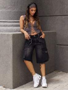 Rayane Ketlyn 女士多口袋宽松阔腿五点式牛仔短裤 - 黑色 - 查看 1