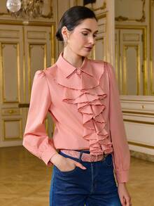 LOTSLUV Women's Pink Long Sleeve Shirt With Multi-Layer Ruffle Hem And Pearl Embellishment - Pink - View 6