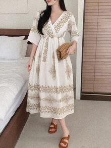 DAZY Women's V-Neck 3/4 Sleeve Waist Cinched Vacation Style Embroidered Maxi Bohemian Dress - Gold - View 5