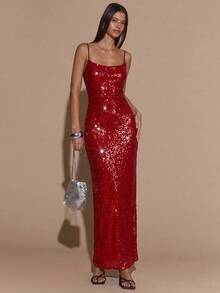 SHEIN BAE Đầm ôm sát không tay màu nâu cà phê mùa thu, đính sequin, thích hợp cho các bữa tiệc, sự kiện, tiệc chiêu đãi, tiệc cocktail và những buổi tối đi chơi. - Đỏ - Xem 4