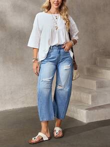 EMERY ROSE 女士休闲破洞口袋牛仔裤 - 藍色 - 查看 5