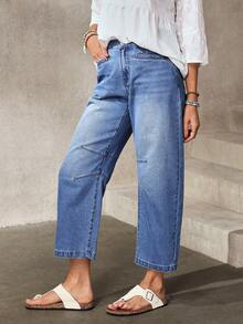 EMERY ROSE Quần jeans nữ màu trơn, túi xéo, kiểu dáng thường ngày, đa năng. - Màu xanh lam - Xem 4