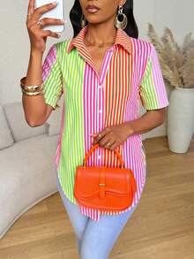 Xyvia 夏季休闲撞色条纹拼接弧形下摆衬衫 - 彩色 - 查看 4