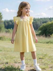 Elladie kids 女童蓝白条纹方领荷叶袖碎花宽松A字连衣裙，适合休闲、海滩、度假等场合，夏季穿着。 - 黃色 - 查看 3