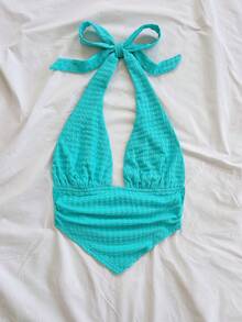 Soleia Top corto ajustado con cuello de halter y tirantes anudados, con bajo triangular, de tela texturizada, adecuado para vacaciones, festivales de música, estilo bohemio, días festivos, citas, tardes de té - Azul - Ver 3