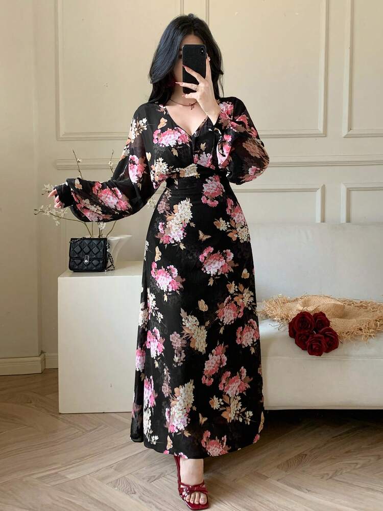 Women's Elegant Floral Print Batwing Sleeve Dress Wedding Guest Dress Maxi Dress Sundress