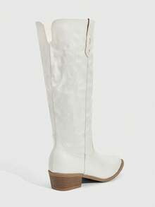 Daringsoles 女士性感休闲西部靴 套穿尖头粗跟节日皮革PU刺绣手工女靴 白色靴子 - 白色 - 查看 3