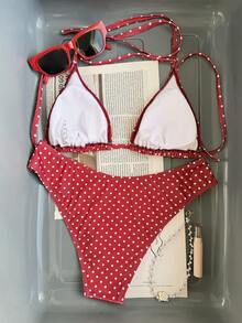 SHEIN Swim Mod 2026春夏女士波点印花挂脖泳衣，高腰泳裤，两件式比基尼套装，红色波点比基尼，度假比基尼，波点比基尼，波点泳装 - 紅色 - 查看 3