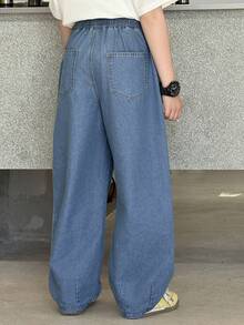 DAZY Pantalones vaqueros casuales de ajuste holgado con bolsillos en diagonal y cordón en la cintura para niño preadolescente - Azul - Ver 7