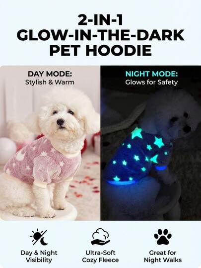 PETSIN 1件宠物粉色星月印花法兰绒夜光加厚保暖圆领卫衣，适合狗狗，秋冬季