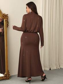 Firerie Elegant Coffee Brown Plus Size Maxi Dress For Women With Ruched Round Neck And Long Sleeves Knitted A-Line Wrap Hem - Coffee Brown - View 3