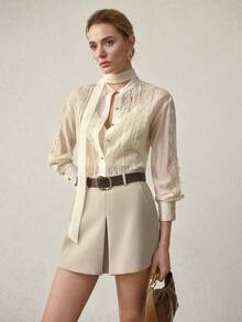 MOTF PREMIUM GUIPURE LACE PANEL DROP SHOULDER SEMI-SHEER TOP - Apricot - View 5