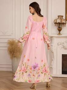 Modelyn Đầm nữ kiểu dáng lãng mạn, thanh lịch, cổ chữ V, tay phồng, họa tiết hoa ombre, thắt eo, dài đến đầu gối. - Hồng - Xem 2