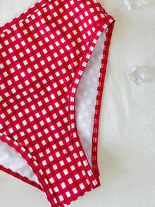 SHEIN Bộ bikini cho bé gái tuổi teen, đồ bơi kẻ caro đỏ trắng, đồ bơi thường ngày dễ thương, nhiều màu sắc, thời trang cho mùa hè. - Đỏ - Xem 4