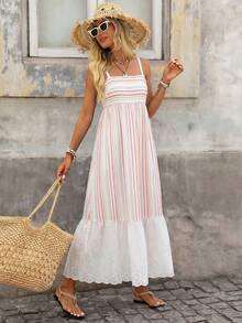 Brillora 女士时尚休闲浪漫度假风彩色条纹吊带连衣裙，蕾丝拼接连衣裙 - 彩色 - 查看 1