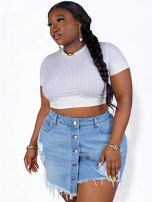 CurvyTilda Plus Ripped Raw Cut Asymmetrical Hem Denim Skort - Light Wash - View 1