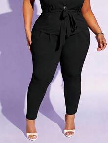 CurvyTilda 大碼素色斜口袋長褲 - 黑色 - 查看 3